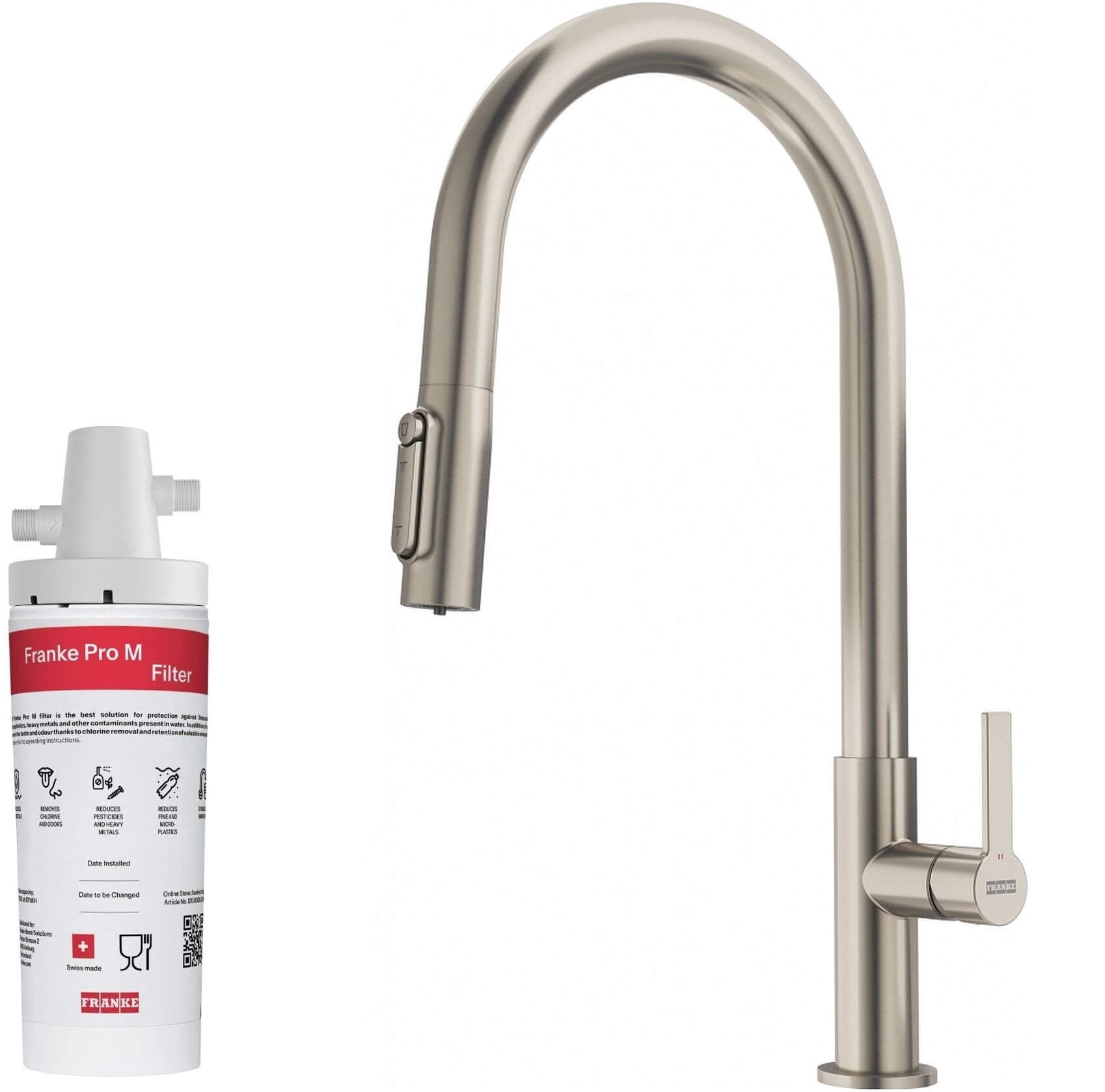 Súprava kuchynská batéria Franke Maris Slim Clear Water J Pull-Out 120.0736.604, poddrezový filter Franke Pro M Connect 150.0752.886