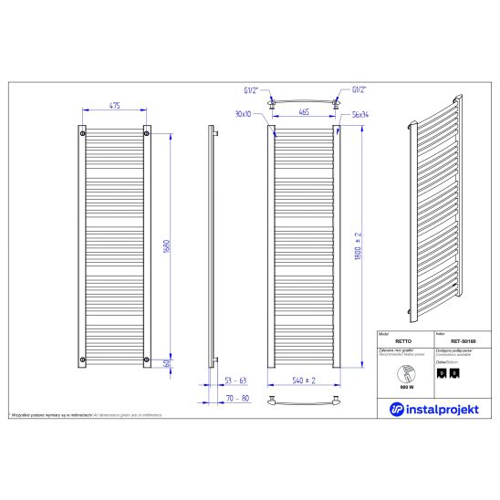 Súprava kúpeľňový radiátor Instal Projekt Retto RET-50/180C12, termostatická súprava Instal Projekt Z17 606400001C12
