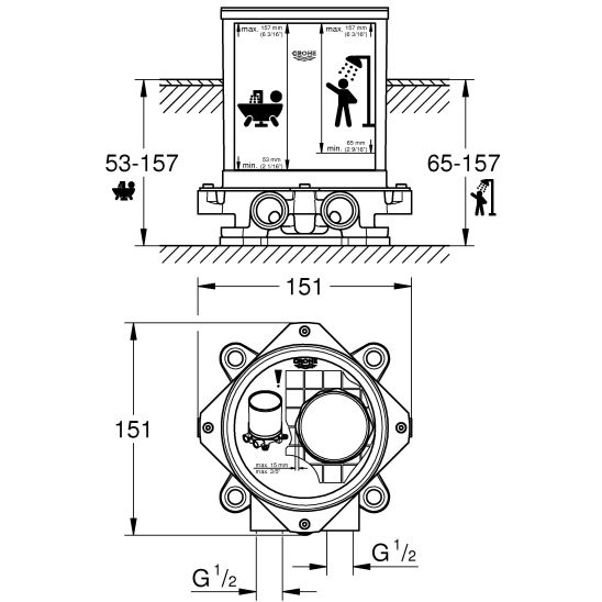 Súprava vaňová/sprchová batéria Grohe Eurocube 23667001, podlahový montážny prvok Grohe 45984001