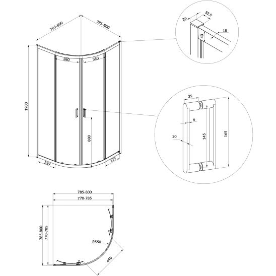 Set sprchovací kút Cersanit Arteco S157-001, polkruhová sprchová vanička Cersanit Tako S204-003
