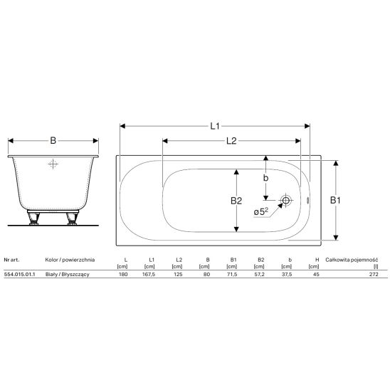 Súprava obdĺžniková vaňa Geberit Soana 554.015.01.1, vaňový sifón Geberit 150.525.21.6