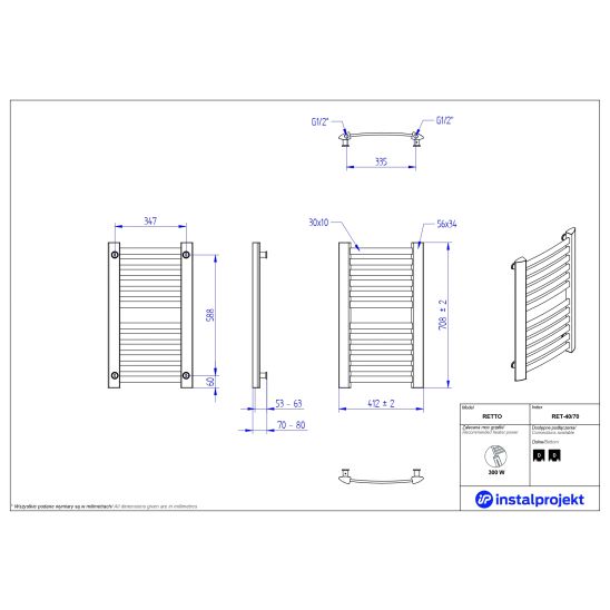 Súprava termostatická súprava Instal Projekt Z17 606400001C31, kúpeľňový radiátor Instal Projekt Retto RET-40/70C31